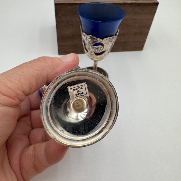 4 VTG American Cut Crystal Cobalt Blue Cordial Glasses Filligree Silverplate - Picture 6 of 9